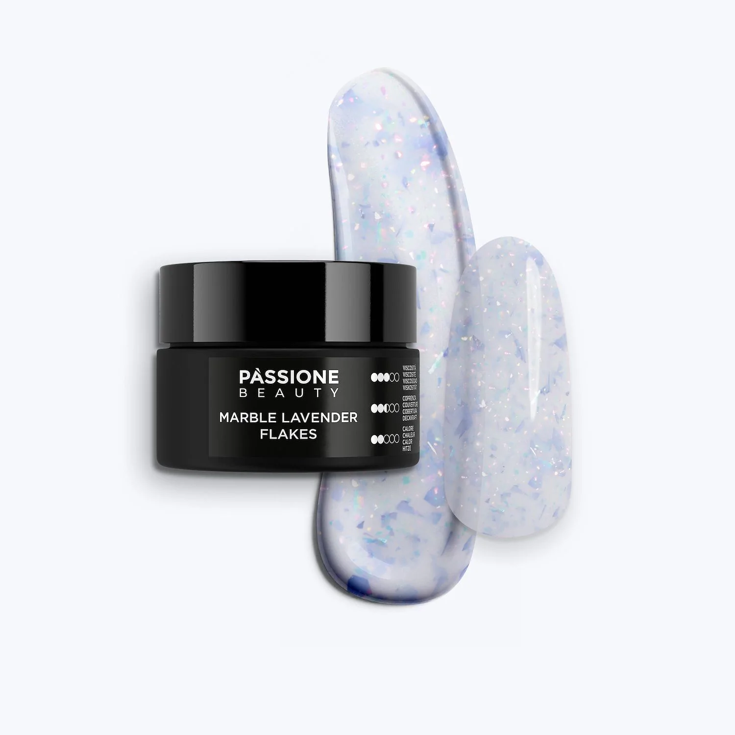 Marble Lavender Flakes 15 ml - Gel de construction auto-égalisant blanc laiteux avec flakes lilas et micro-flakes holographiques