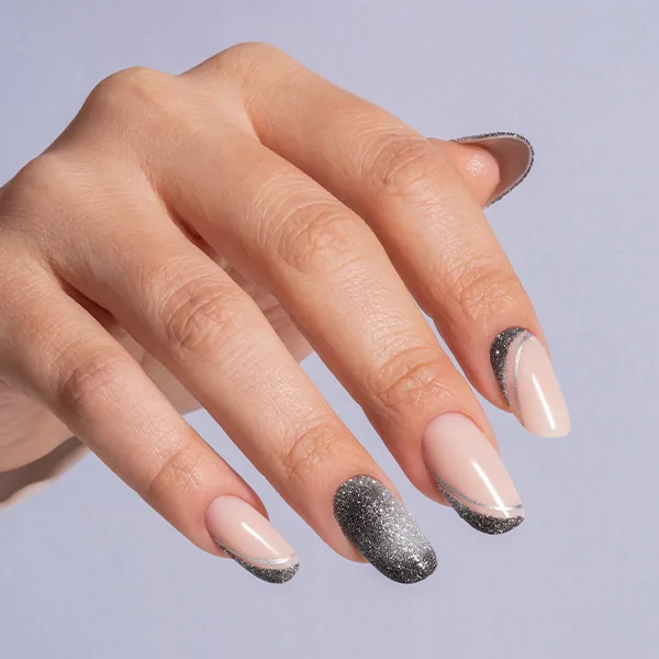 Passione Beauty nude glossy gel polish with silver glitter French nail art on square nails, elegant professional manicure