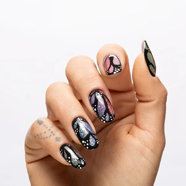 Passione Beauty black glossy gel polish with multicolour glitter abstract nail art on square nails, creative professional manicure