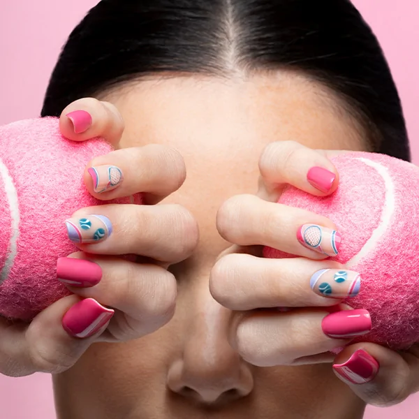 Passione Beauty pink gel polish with pastel blue nail art and geometric details on square nails, creative professional manicure