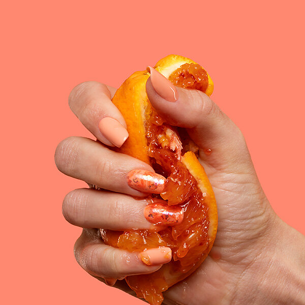 Passione Beauty peach orange glossy gel polish with foil nail art on square nails, juicy effect creative manicure