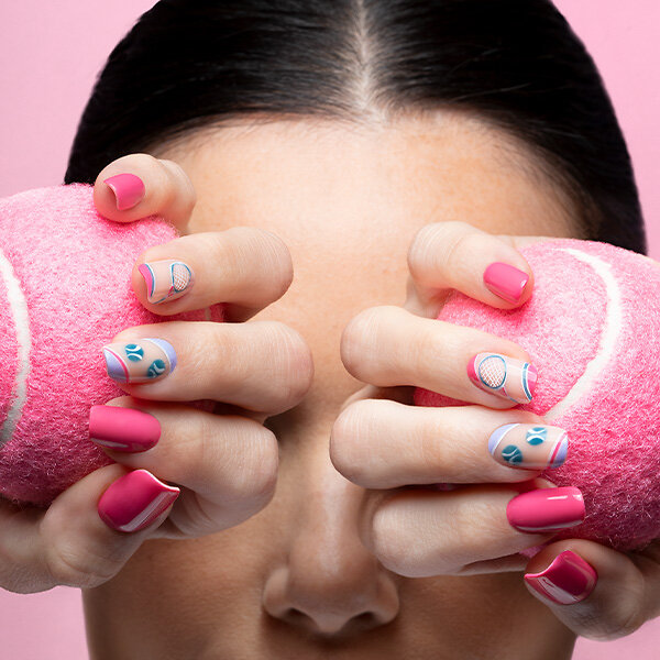 Passione Beauty pink gel polish with pastel blue nail art and geometric details on square nails, creative professional manicure