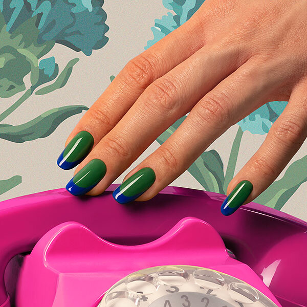 Passione Beauty green glossy gel polish with blue French tips on almond nails, contrast nail art modern professional manicure