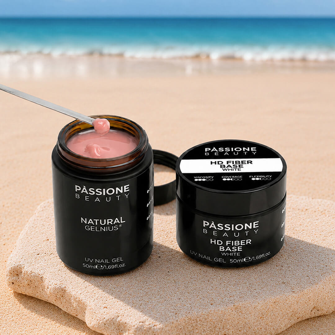 Passione Beauty : gels de construction rose nude naturel et blanc laiteux pour reconstruction des ongles, modelage professionnel et manucure UV/LED.