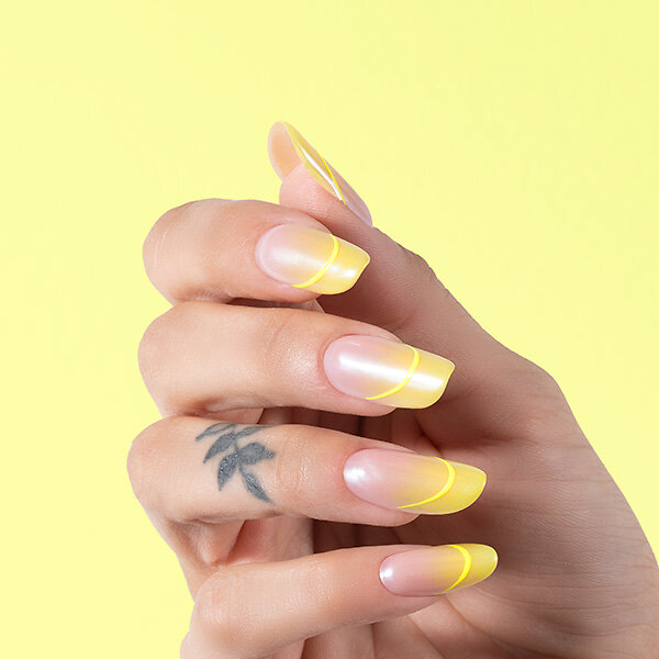 Passione Beauty neon yellow French gel polish on square nails, glossy fade effect modern nail art manicure