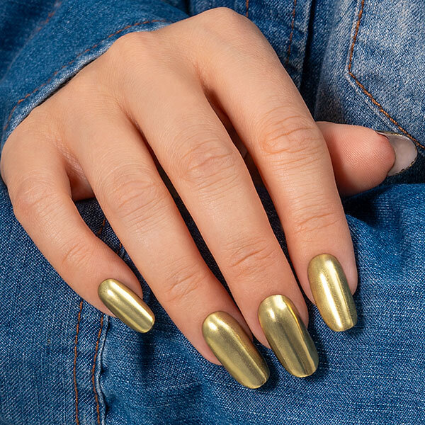 Passione Beauty metallic gold chrome gel polish on almond-shaped nails, mirror effect elegant professional manicure