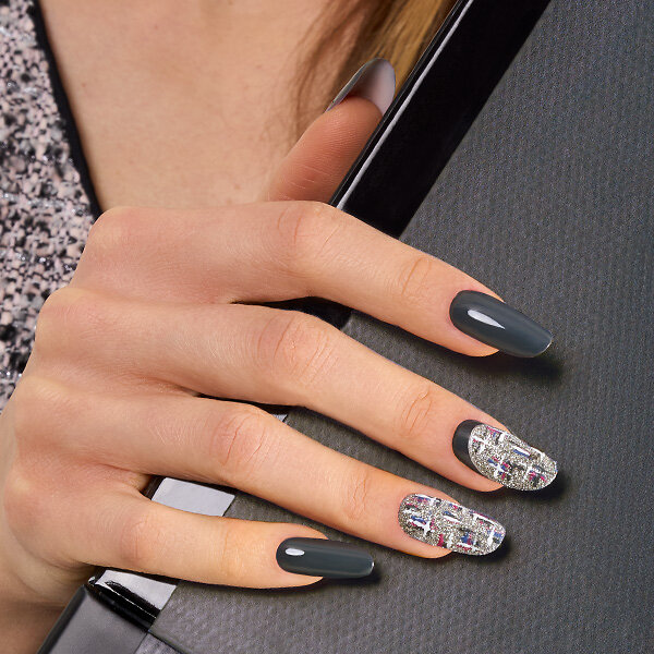 Passione Beauty dark grey glossy gel polish with silver glitter nail art on square nails, elegant professional manicure