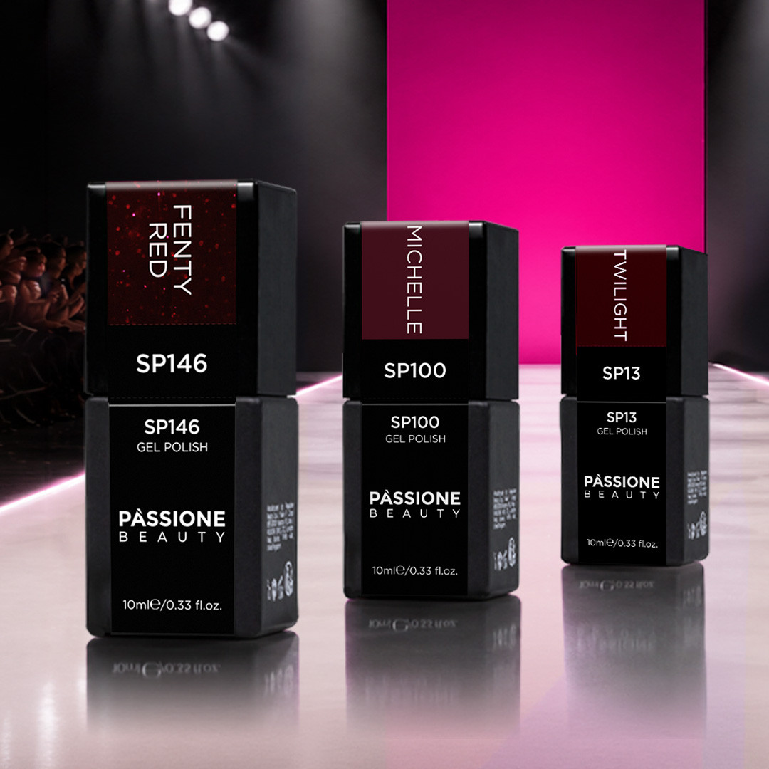 Smalti semipermanenti Passione Beauty in tonalità rosso borgogna, rosso scuro e nero per manicure e nail art professionale