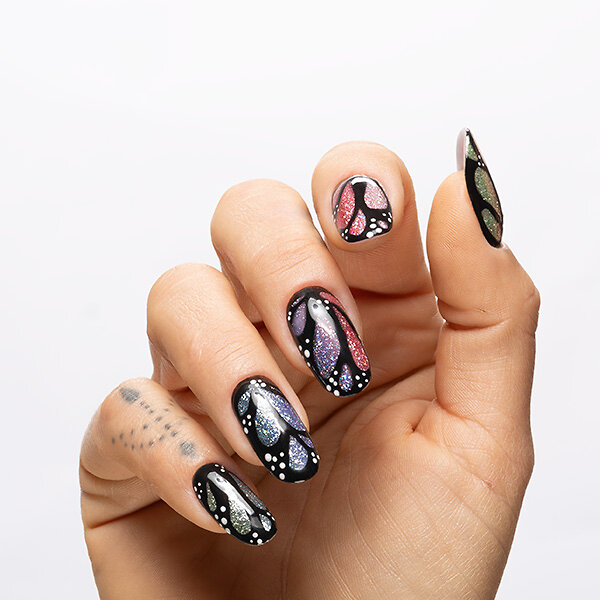 Passione Beauty black glossy gel polish with multicolour glitter abstract nail art on square nails, creative professional manicure